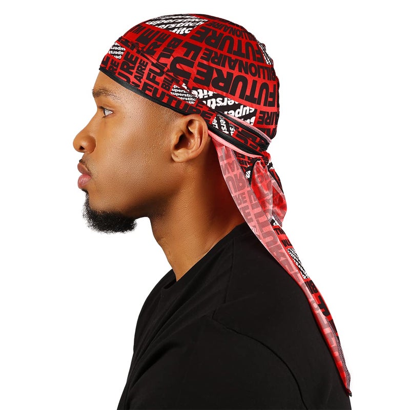 Superstitch Supersilky Ultra Silky Durag x Wavebuilder | 30+ Styles Premium Designer Durags for Men | 360 Waves | Red, Black and White Future Billionaire (Red Zodiac) - Image 1
